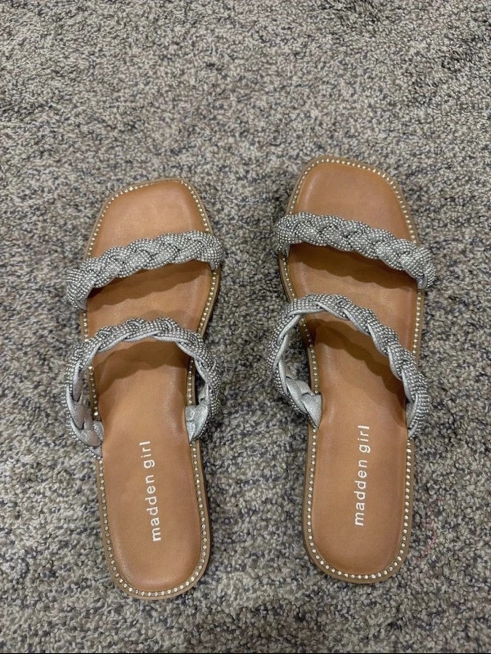 Madden Girl Silver Braided Double-Strap Slide Sandals